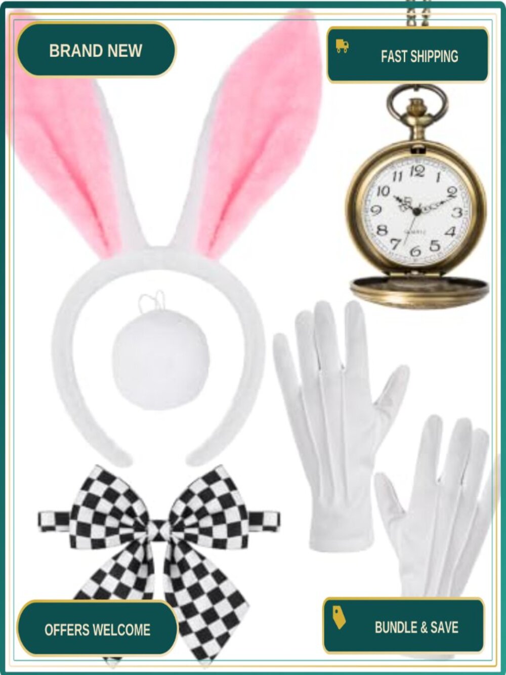 Bunny Costume Accessory Set Headband Bow Tie Tail Gloves Pocket Watch